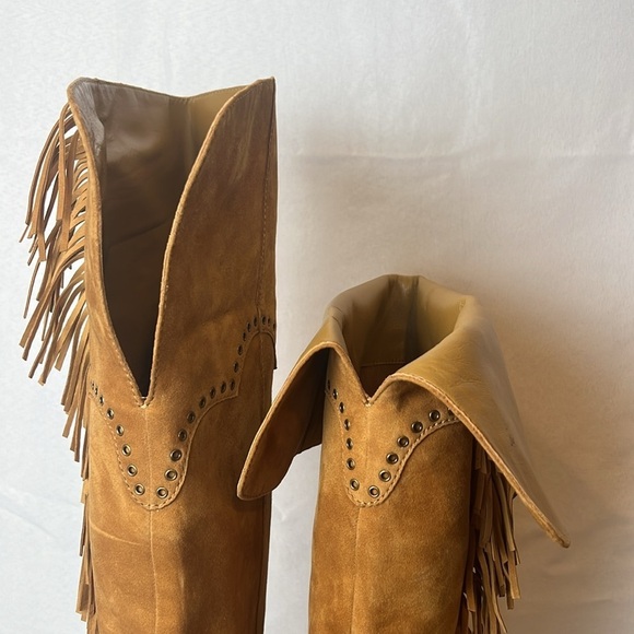 Frye Ray Fringe Over the Knee Tall Suede Grommet Pointed Toe Boots Tan 6.5 - Picture 7 of 13
